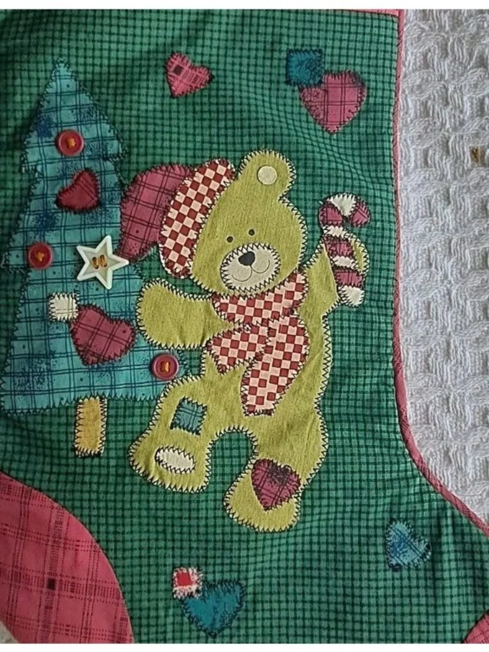 Unbranded Applique Christmas Stocking Multicolor Teddy Bear Tree Festive Holiday